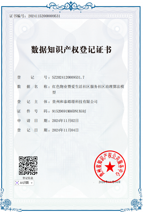知识产权证书-红色物业暨爱生活社区服务社区治理算法模